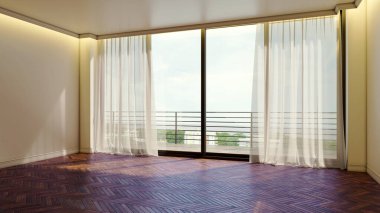 Büyük lüks, modern, parlak iç mekan. Oturma odası, 3D tasviri. Dijital olarak oluşturulmuş görüntü, parke pencereler ve ışıklar.