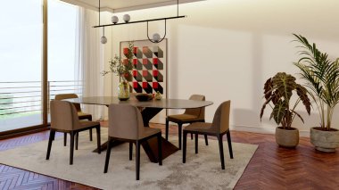 Büyük lüks, modern, parlak iç mekan. Oturma odası, 3D tasviri. Dijital olarak oluşturulmuş görüntü, parke pencereler ve ışıklar.