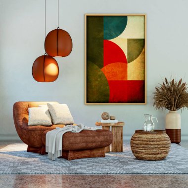 Büyük lüks, modern, parlak iç mekan. Oturma odası, 3D tasviri. Dijital olarak oluşturulmuş görüntü, parke pencereler ve ışıklar.