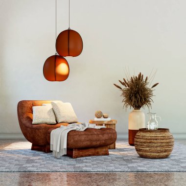 Büyük lüks, modern, parlak iç mekan. Oturma odası, 3D tasviri. Dijital olarak oluşturulmuş görüntü, parke pencereler ve ışıklar.