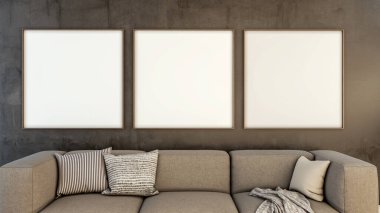 Büyük lüks, modern, parlak iç mekan. Oturma odası, 3D tasviri. Dijital olarak oluşturulmuş görüntü, parke pencereler ve ışıklar.