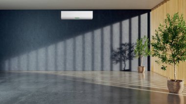 Büyük lüks, modern, parlak iç mekan. Oturma odası, 3D tasviri. Dijital olarak oluşturulmuş görüntü, parke pencereler ve ışıklar.