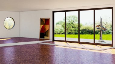 Büyük lüks, modern, parlak iç mekan. Oturma odası, 3D tasviri. Dijital olarak oluşturulmuş resim.