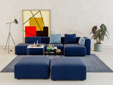 Büyük lüks, modern, parlak iç mekan. Oturma odası, 3D tasviri. Dijital olarak oluşturulmuş resim.