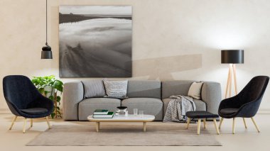 Büyük lüks, modern, parlak iç mekan. Oturma odası, 3D tasviri. Dijital olarak oluşturulmuş resim.