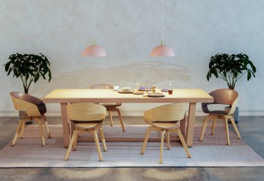 Büyük lüks, modern, parlak iç mekan. Oturma odası, 3D tasviri. Dijital olarak oluşturulmuş resim.