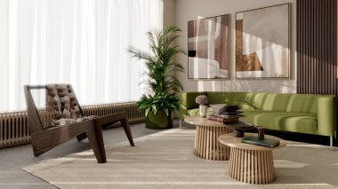 Büyük lüks, modern, parlak iç mekan. Oturma odası, 3D tasviri. Dijital olarak oluşturulmuş resim.