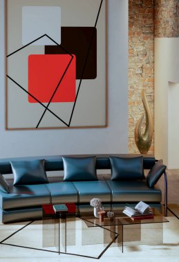 Büyük lüks, modern, parlak iç mekan. Oturma odası, 3D tasviri. Dijital olarak oluşturulmuş resim.