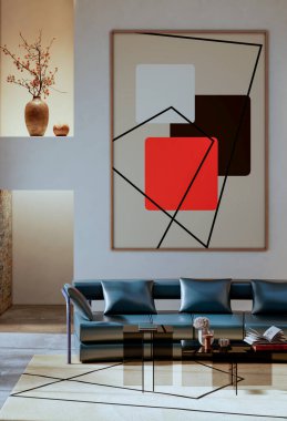 Büyük lüks, modern, parlak iç mekan. Oturma odası, 3D tasviri. Dijital olarak oluşturulmuş resim.