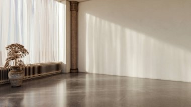 Büyük lüks, modern, parlak iç mekan. Oturma odası tasviri. 3D rengarenk resim.