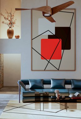 Büyük bir illüstrasyon 3D. Lüks, modern, parlak iç mekânlar. Oturma odası, Koltuk ve Tavan Havalandırması ile modelleniyor.