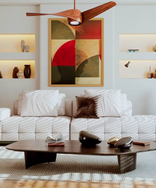 Büyük bir illüstrasyon 3D. Lüks, modern, parlak iç mekânlar. Oturma odası, Koltuk ve Tavan Havalandırması ile modelleniyor.