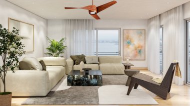Büyük bir illüstrasyon 3D. Lüks, modern, parlak iç mekânlar. Oturma odası, Koltuk ve Tavan Havalandırması ile modelleniyor.