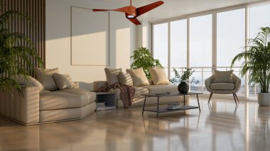 Büyük bir illüstrasyon 3D. Lüks, modern, parlak iç mekânlar. Oturma odası, Koltuk ve Tavan Havalandırması ile modelleniyor.