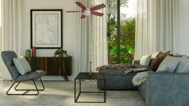 Büyük bir illüstrasyon 3D. Lüks, modern, parlak iç mekânlar. Oturma odası, Koltuk ve Tavan Havalandırması ile modelleniyor.