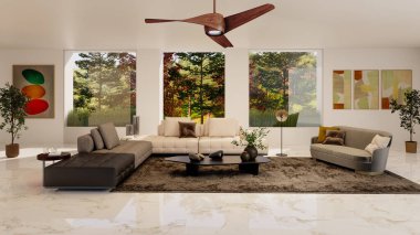 Büyük bir illüstrasyon 3D. Lüks, modern, parlak iç mekânlar. Oturma odası, Koltuk ve Tavan Havalandırması ile modelleniyor.