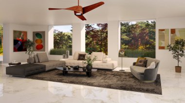 Büyük bir illüstrasyon 3D. Lüks, modern, parlak iç mekânlar. Oturma odası, Koltuk ve Tavan Havalandırması ile modelleniyor.