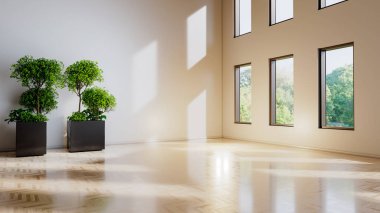 Büyük lüks, modern, parlak iç mekan. Oturma odası tasviri. 3D rengarenk resim.