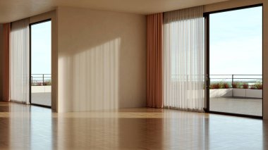 Büyük lüks, modern, parlak iç mekan. Oturma odası tasviri. 3D rengarenk resim.