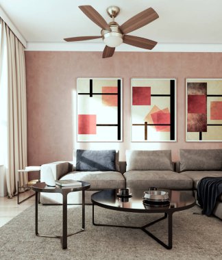 Büyük bir illüstrasyon 3D. Lüks, modern, parlak iç mekânlar. Oturma odası, Koltuk ve Tavan Havalandırması ile modelleniyor.