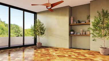 Büyük bir illüstrasyon 3D. Lüks, modern, parlak iç mekânlar. Oturma odası, Koltuk ve Tavan Havalandırması ile modelleniyor.