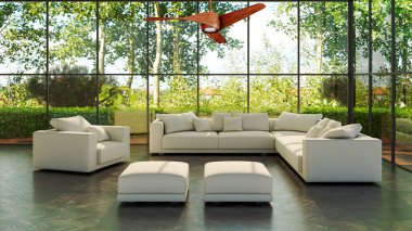 Büyük bir illüstrasyon 3D. Lüks, modern, parlak iç mekânlar. Oturma odası, Koltuk ve Tavan Havalandırması ile modelleniyor.