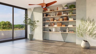 Büyük bir illüstrasyon 3D. Lüks, modern, parlak iç mekânlar. Oturma odası, Koltuk ve Tavan Havalandırması ile modelleniyor.