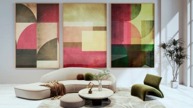 Büyük lüks, modern, parlak iç mekan. Oturma odası tasviri. 3D rengarenk resim.