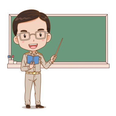 Taylandlı erkek öğretmenin karatahtanın önünde sopa tutarken karikatür çizimi.