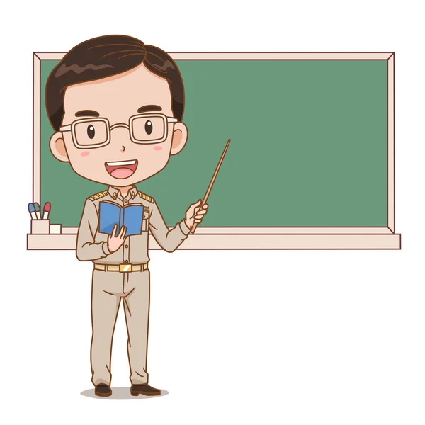 Taylandlı Erkek Öğretmenin Karatahtanın Önünde Sopa Tutarken Karikatür Çizimi — Stok Vektör