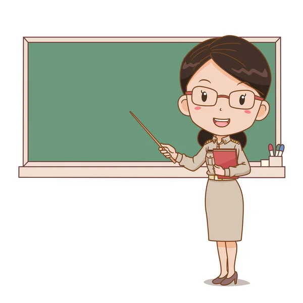 Cartoon Illustration Thai Female Teacher Holding Stick Front Blackboard — Stock Vector