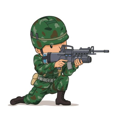 Cartoon character of soldier pointing a gun.