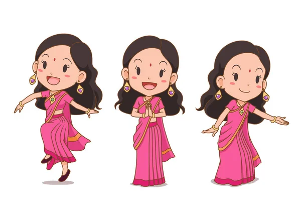 Set Cartoon Indian Girl Traditional Costume — Stock Vector
