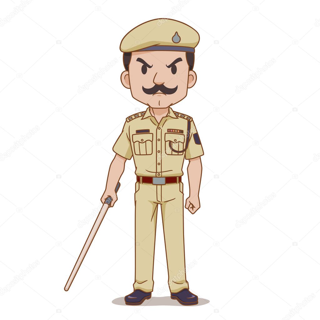 Cartoon character of Indian police holding baton.
