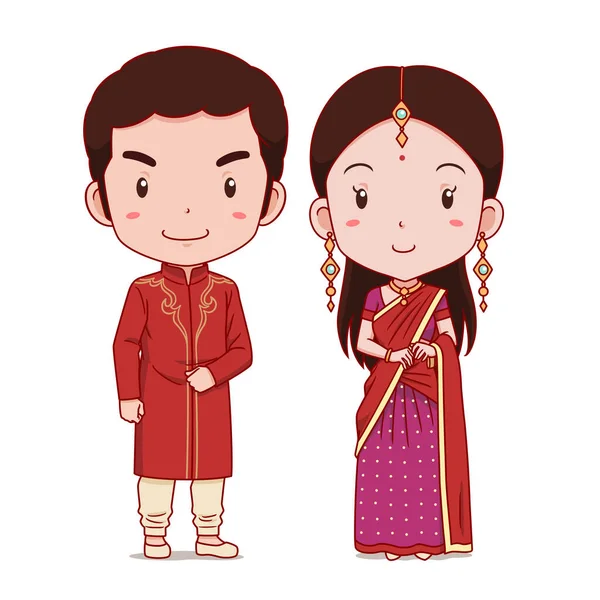 Couple Cartoon Characters India Traditional Costume — Stock Vector
