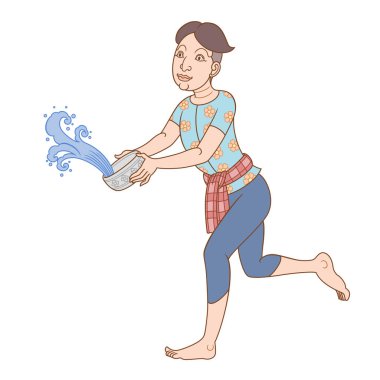 Tayland 'ın geleneksel Tayland sanat tarzında Songkran festivalinde su sıçratan bir adamın vektör çizimi.