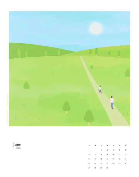 2021年新年日历第06集 男女夏季风景 — 图库矢量图片
