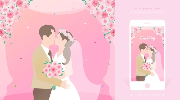 Wypełnione Szczęściem Ilustracje Ślubne Zaproszenia Mobilne — Wektor stockowy