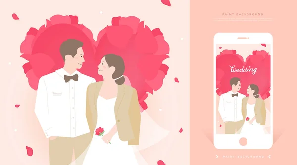 幸せいっぱいの結婚式のイラストとモバイル招待状 — ストックベクタ