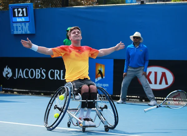 Grand Slam kampioen Gordon Reid van Groot-Brittannië viert overwinning na Australian Open 2016 rolstoel singles Final match — Stockfoto