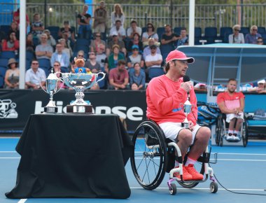 Grand Slam finalist David Wagner of United States during trophy presentation after Australian Open 2016 quad wheelchair singles final match