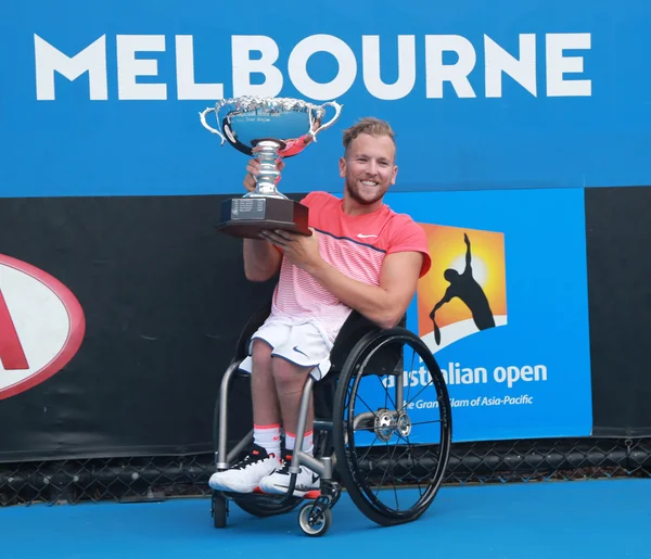 Grand Slam champion Dylan Alcott of Australia posing with trophy after Australian Open 2016 quad wheelchair singles final — Stockfoto