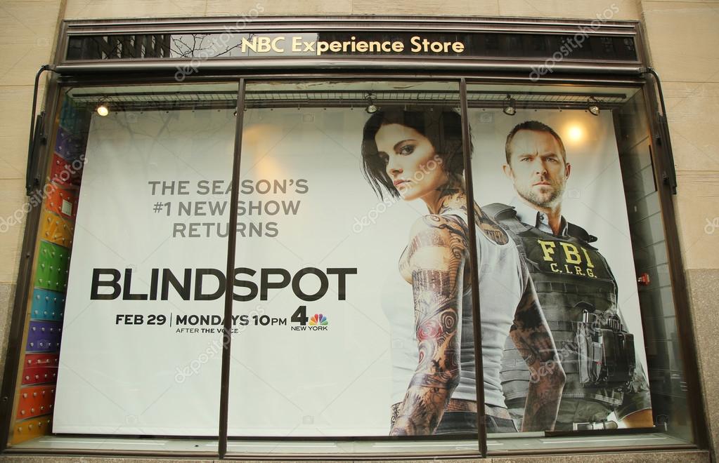 NEW YORK - MARCH 10, 2016: NBC Experience Store window display decorated with Blindspot television event logo in Rockefeller Center in Midtown Manhattan