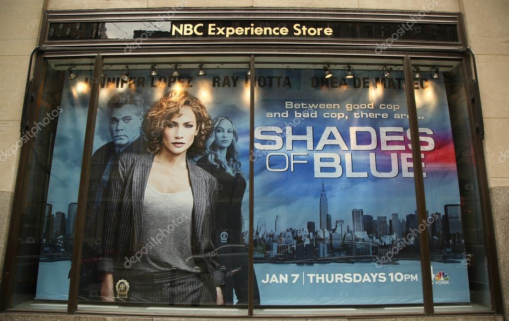 NEW YORK - MARCH 10, 2016: NBC Experience Store window display decorated with Shades of Blue television event logo in Rockefeller Center in Midtown Manhattan