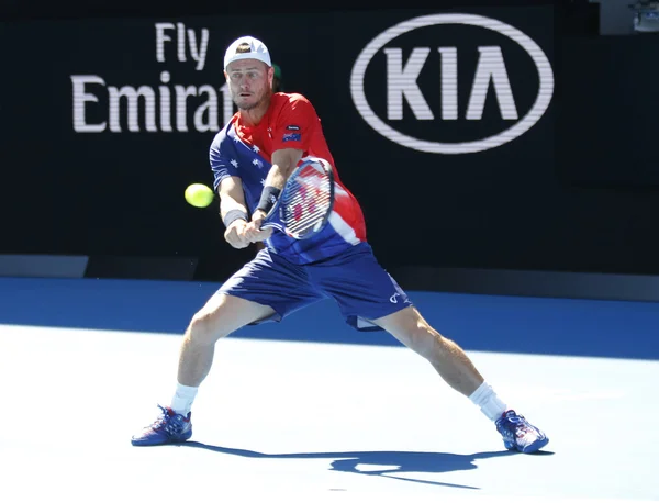 Two times Grand Slam Champion Lleyton Hewitt of Australia in action during his last professional doubles match — Stock Photo, Image
