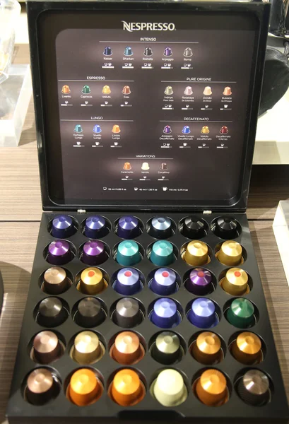 Variety of coffee capsules in Nespresso store in New York. — Stock Photo, Image