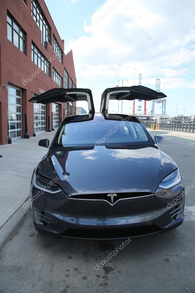 BROOKLYN, NEW YORK - APRIL 23, 2016: Tesla Model X at the new Tesla dealership at Red Hook in Brooklyn, New York
