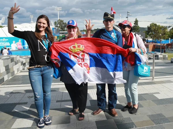 Serbian tennis fans with flags at Australian Open 2016 — Stock Photo, Image