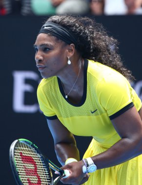Yirmi bir kez Grand Slam şampiyonu Serena Williams Avustralya Açık 2016 onun çeyrek final maçında sırasında eylem 