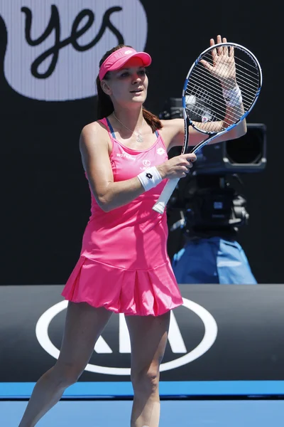 La tennista polacca Agnieszka Radwanska festeggia la vittoria dopo la sua partita dei quarti di finale all'Australian Open 2016 — Foto Stock